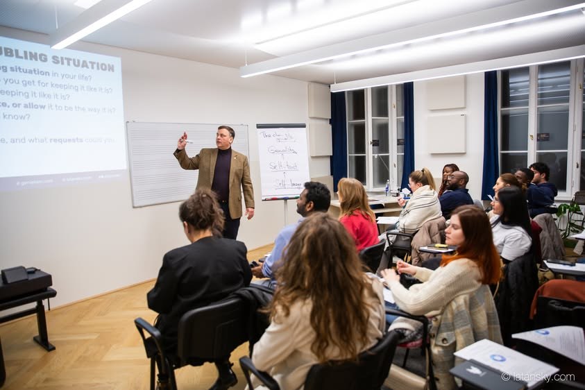 Mykola Latansky addressing an attentive audience in Vienna